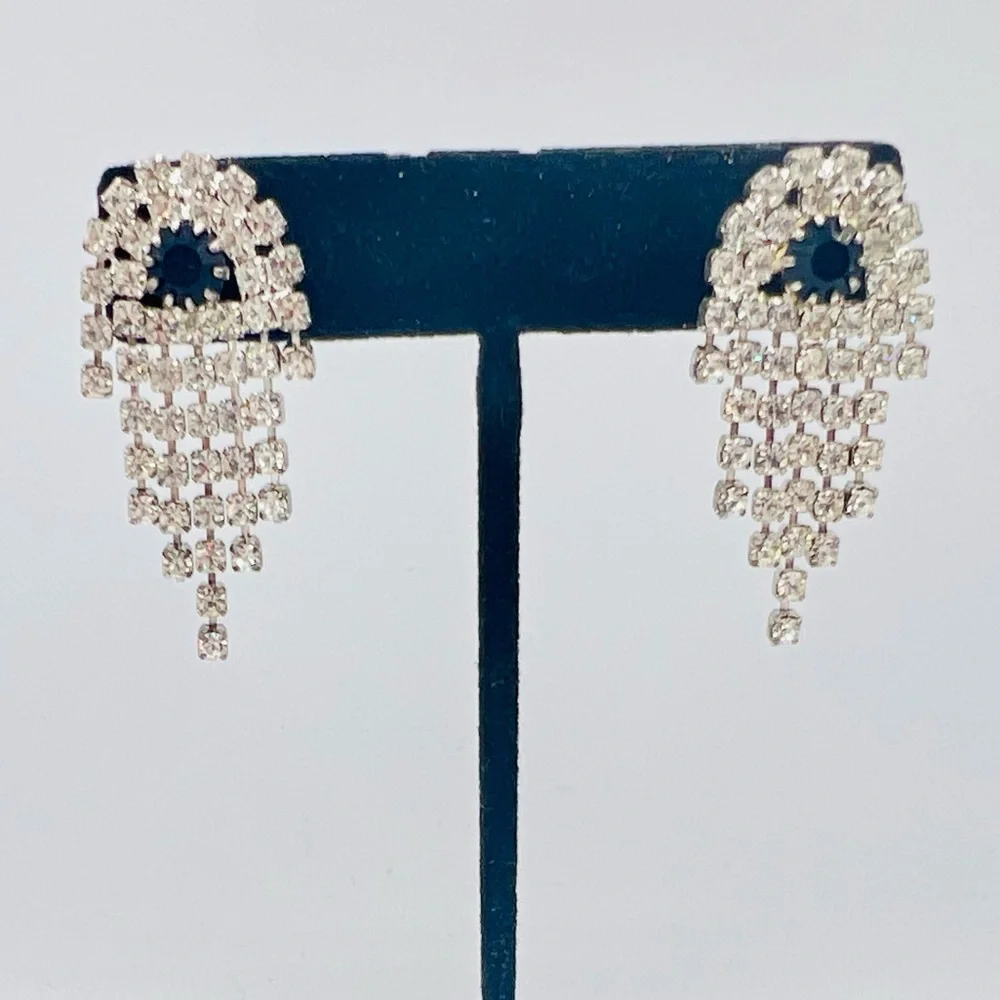 Vintage silver rhinestone fringe pierced earrings black accent dangles unique